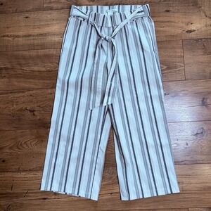 Zac & Rachel Stretch Pull On Crop Pants Belted Striped Size 8 Beige Gray Stripes
